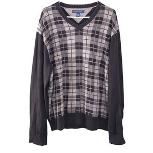 Tommy Hilfiger Mens XL V-Neck Sweater Brown Tan Plaid Cotton Knit Pullover